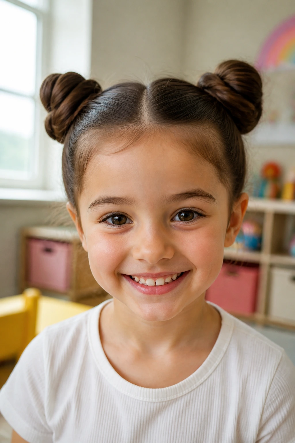 Front view of a girl with two space buns