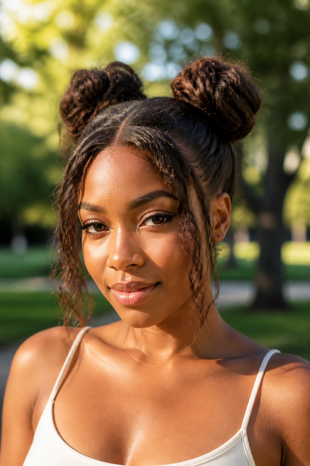 Close-up of a real woman with space buns and face-framing tendrils in park sunlight