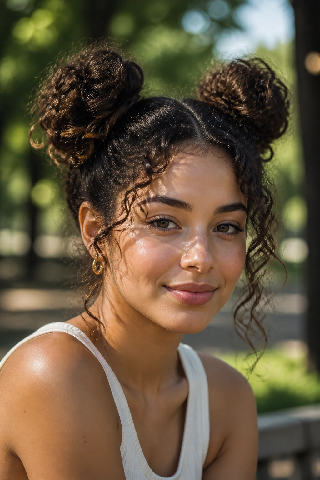 Real woman with space buns and free curls in a sunlit park