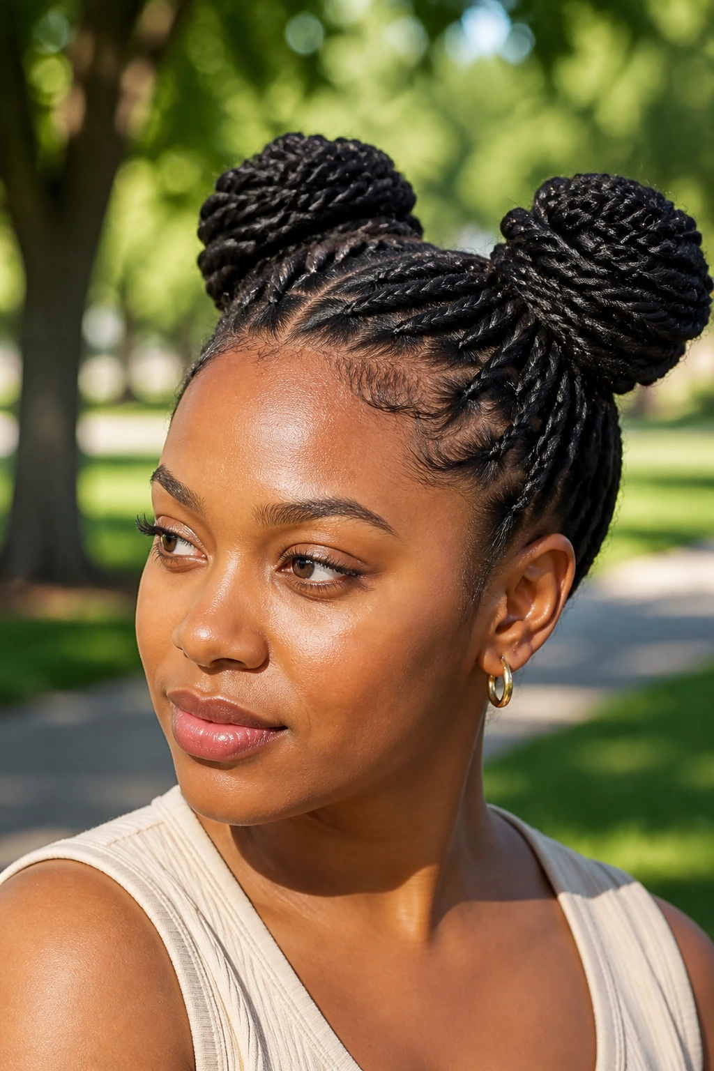Real woman with space buns made from clean twists in a park setting