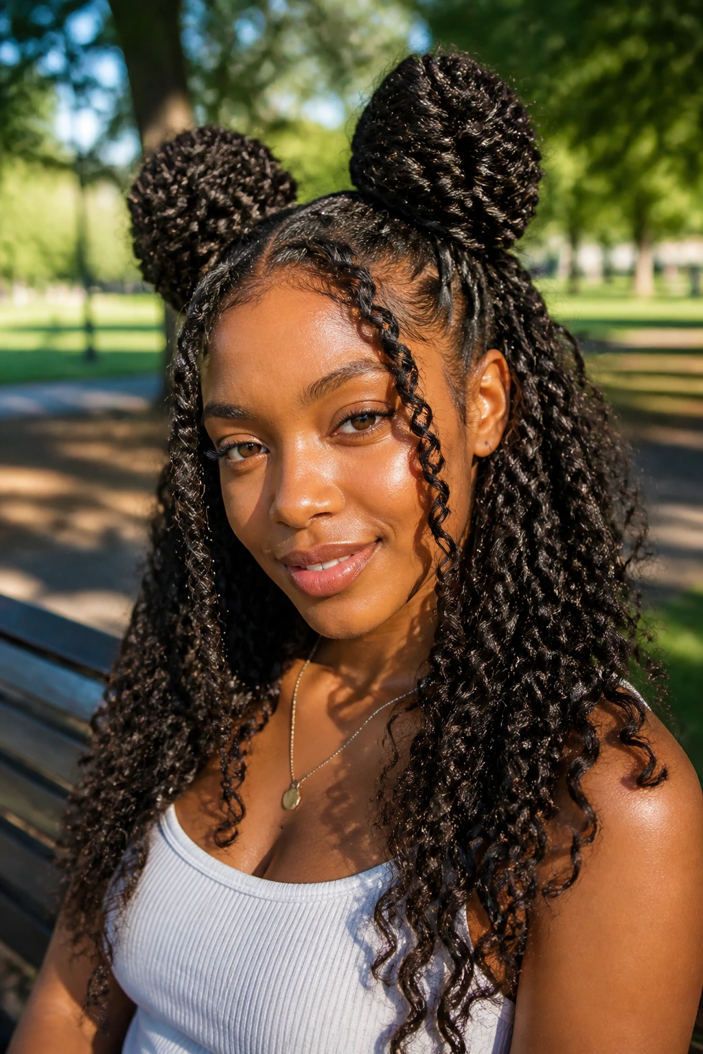 Close-up of a real woman with space buns and loose spring twists outdoors
