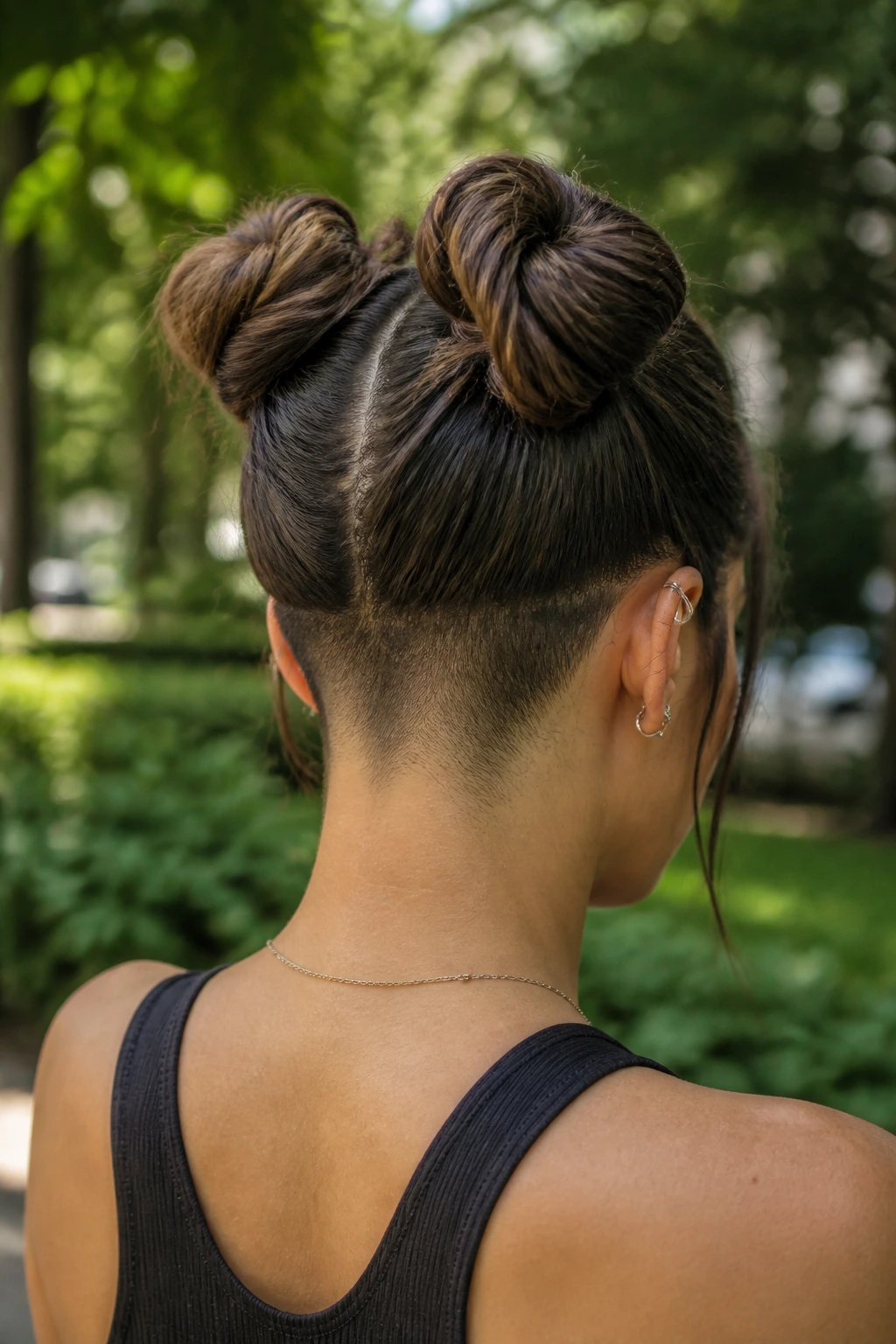 Close-up portrait of a person with space buns and nape undercut