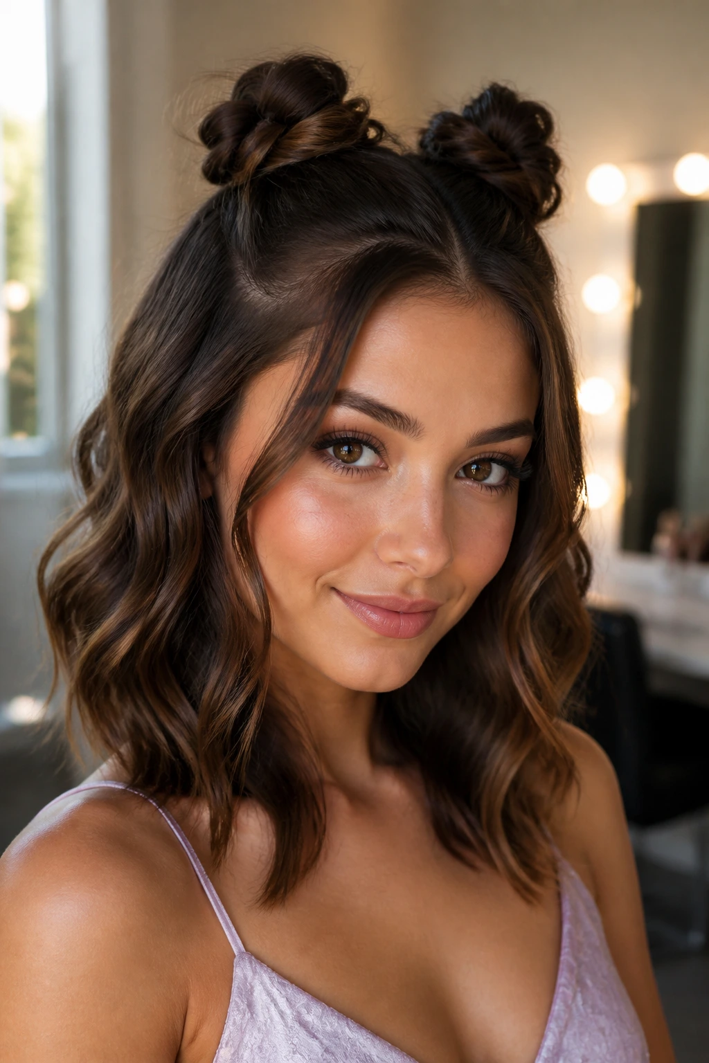 Close-up of a real woman with Mini Space Buns with Soft Waves hairstyle
