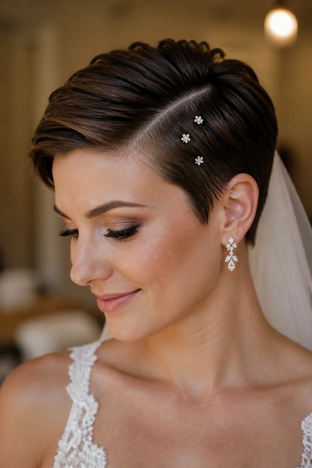Bride with sparkle-pin side-part pixie and subtle hair pins