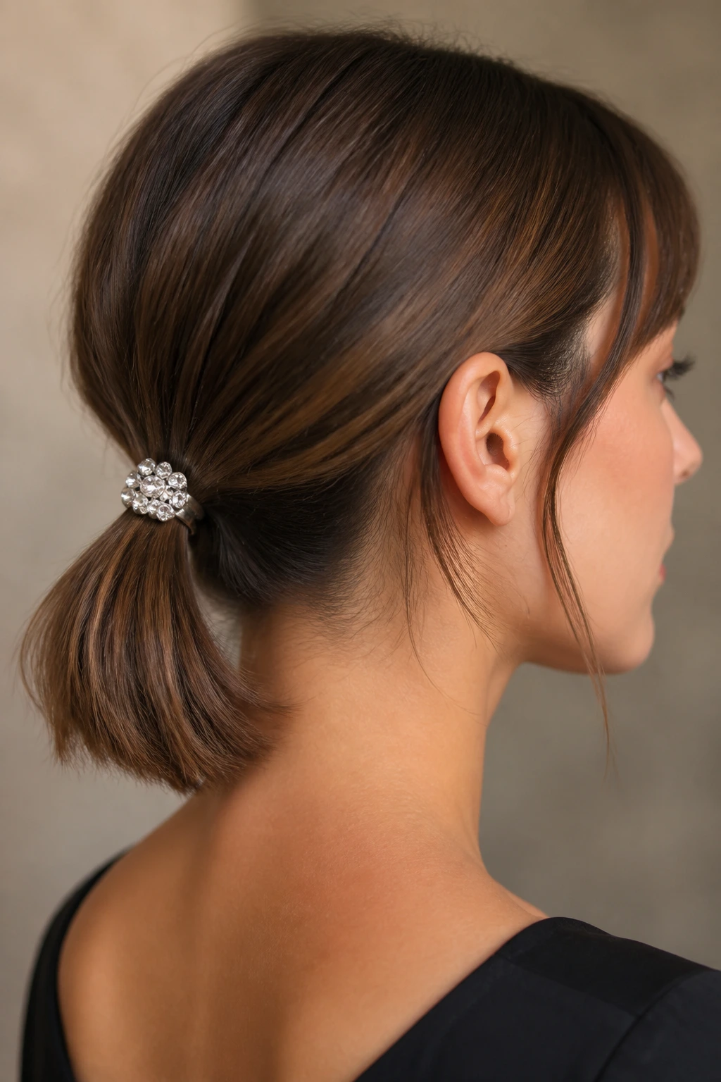 Close-up of a short ponytail with a jeweled clip