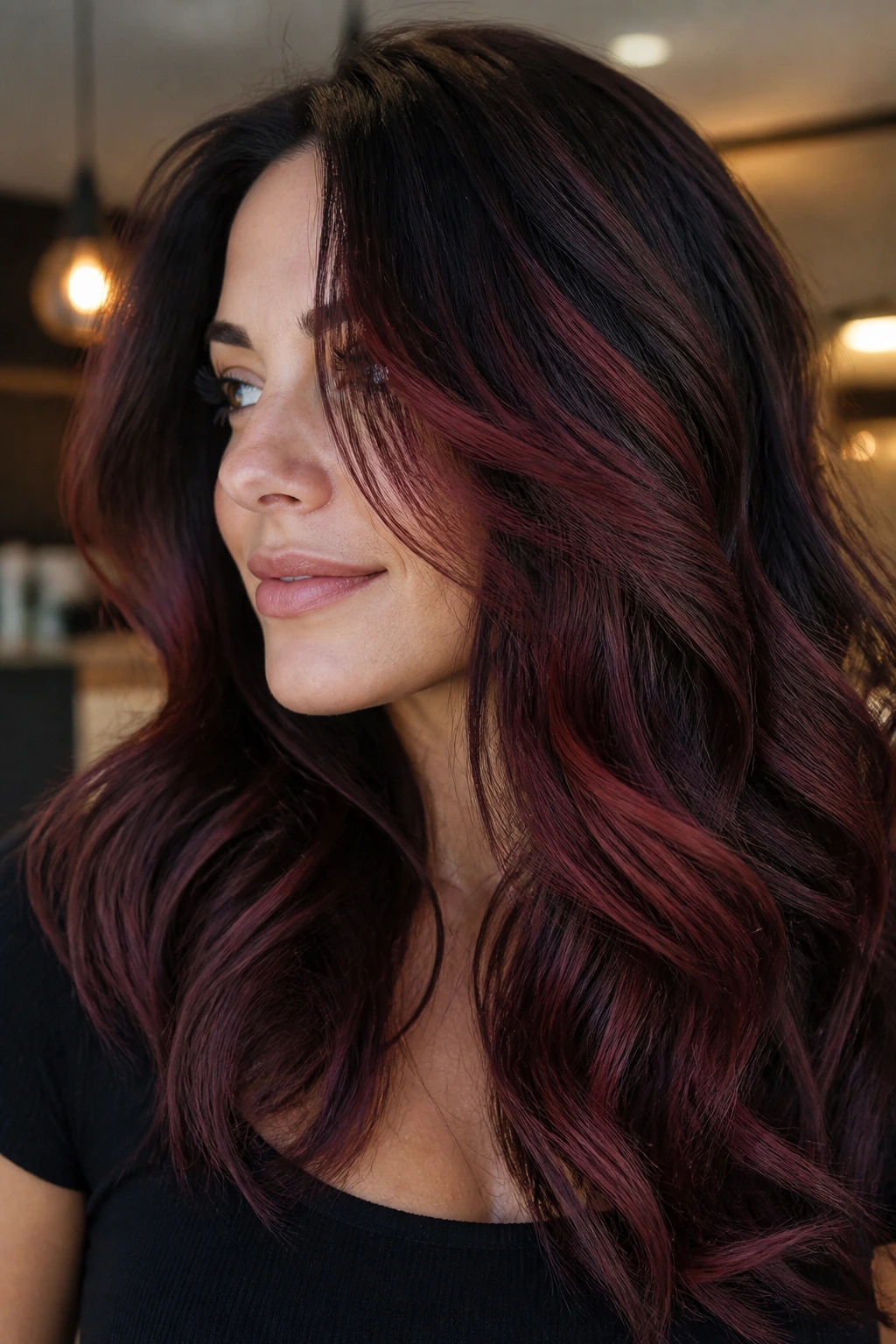 Close-up of a real woman with Spiced Cherry Balayage showing patches of cherry red in brunette hair