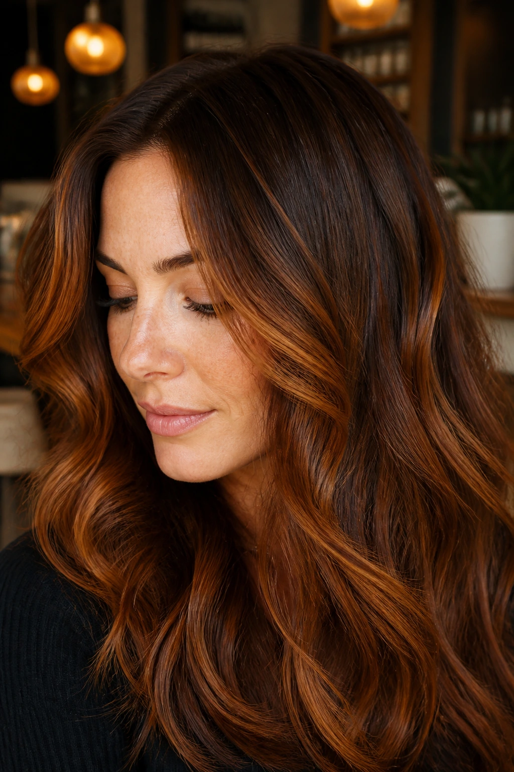 Real person with chestnut copper hair color and copper highlights.