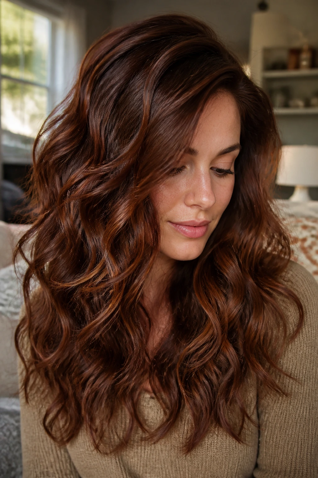 Close-up of a real person with spiced chestnut curls and warm lowlights on wavy hair