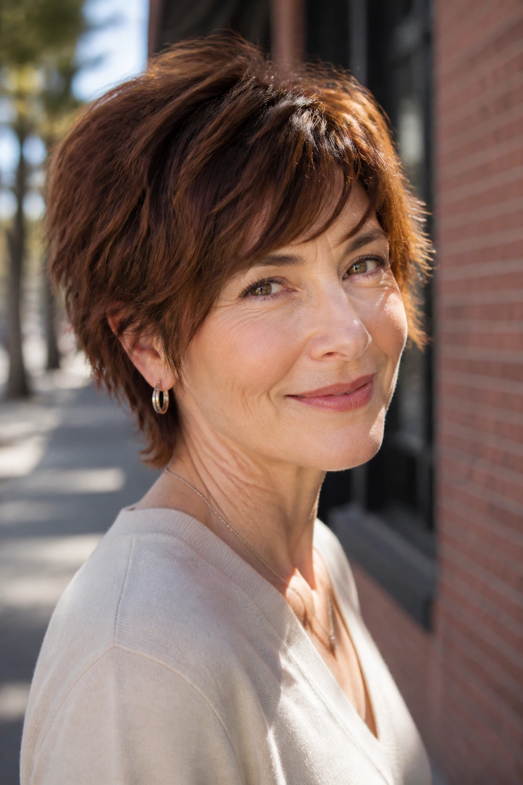 Portrait of a real woman with a spiced chestnut short shag.
