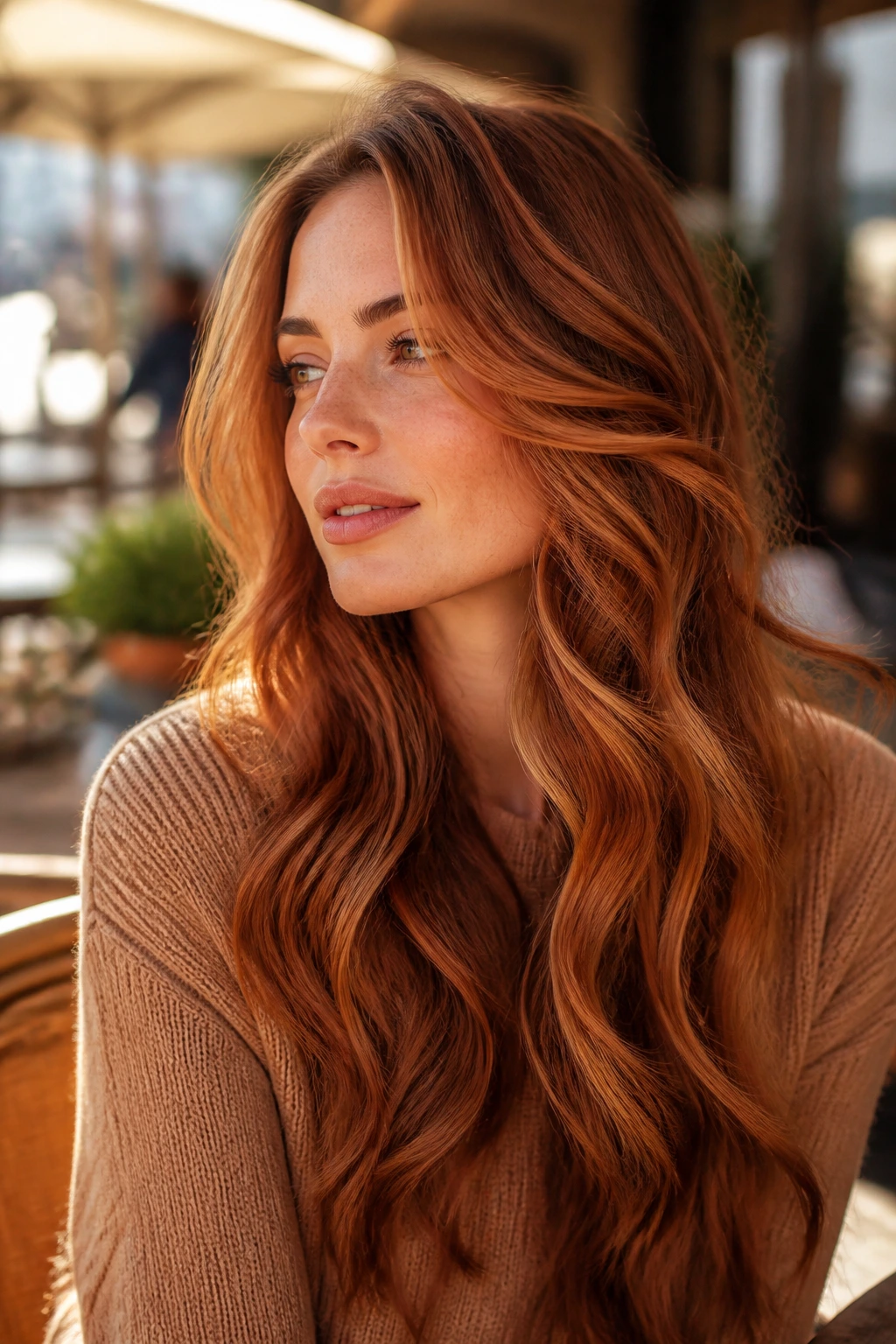 Close-up of a real woman with long spiced copper waves in golden hour light