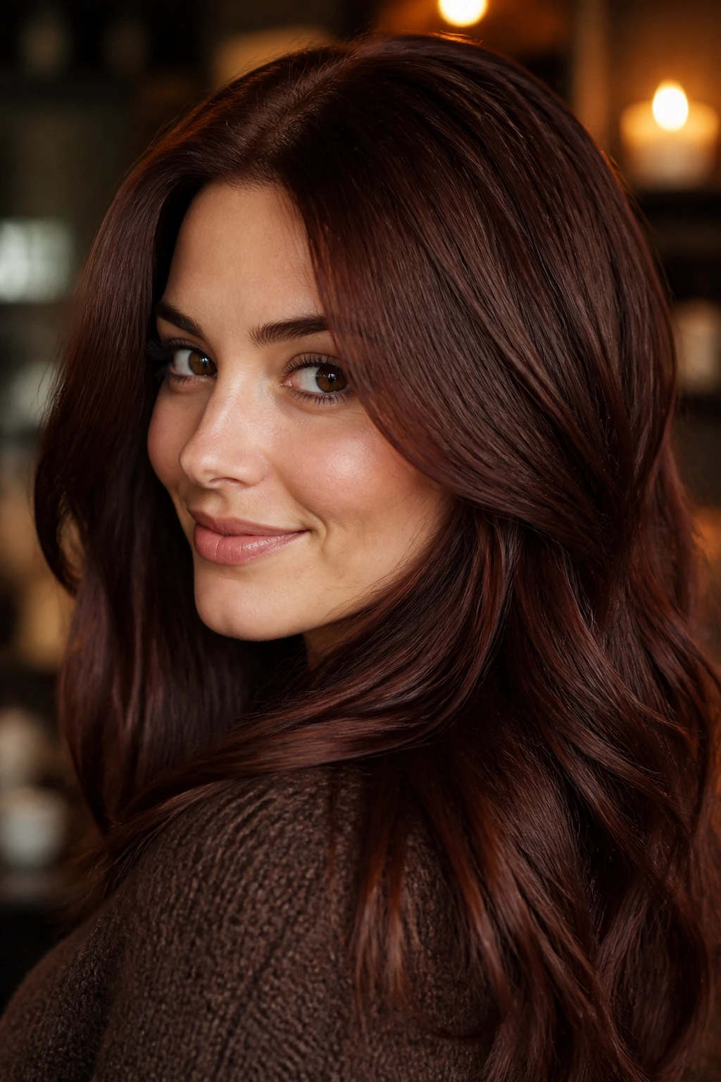 Close-up of a real person with spiced mahogany hair