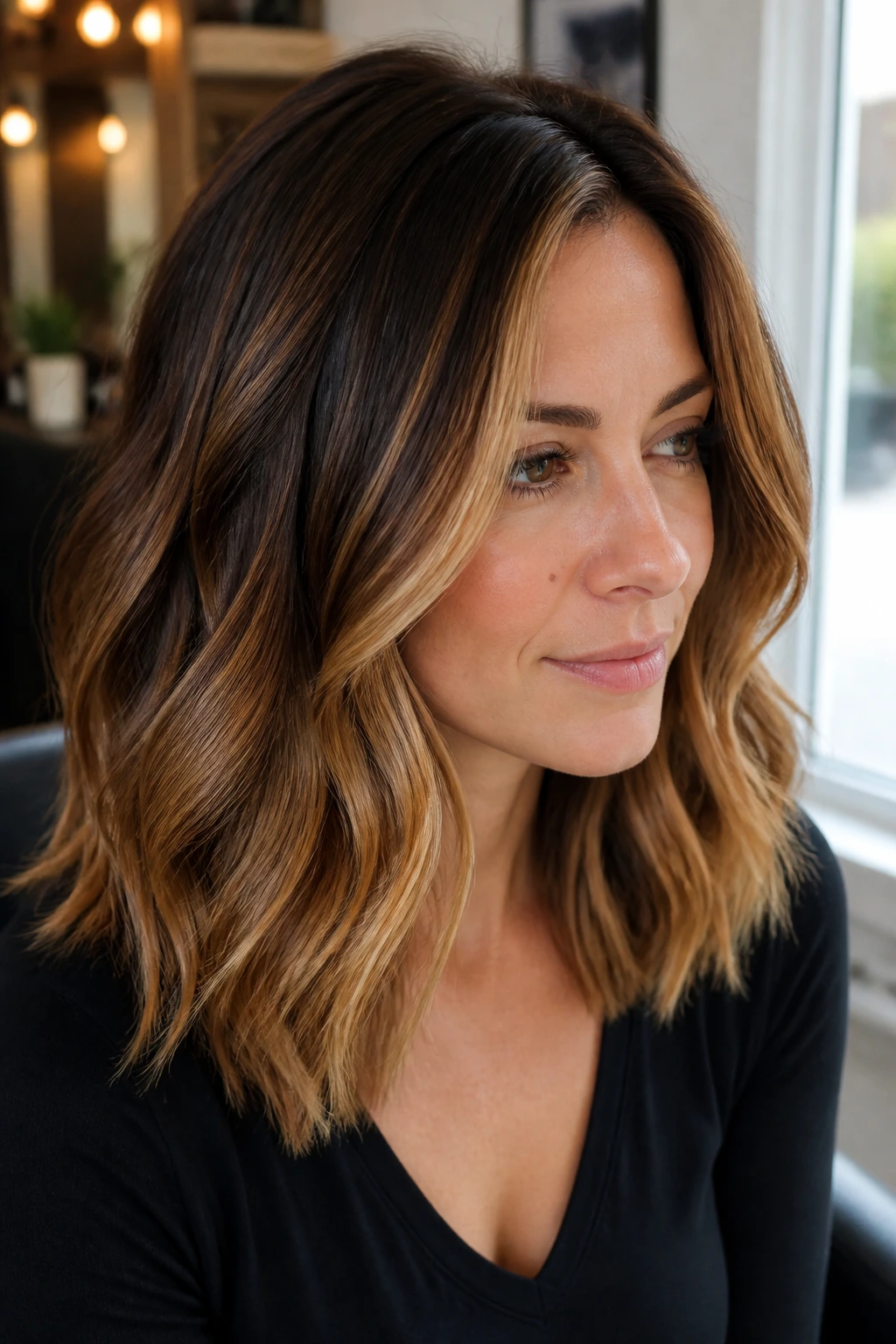 Woman with darker roots and maple balayage on shoulder-length hair