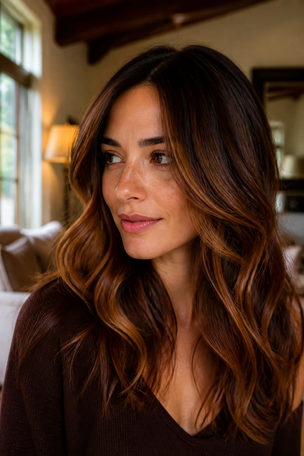 Close-up of a real woman with brunette base and copper highlights (spiced maple brunette) in warm natural light.