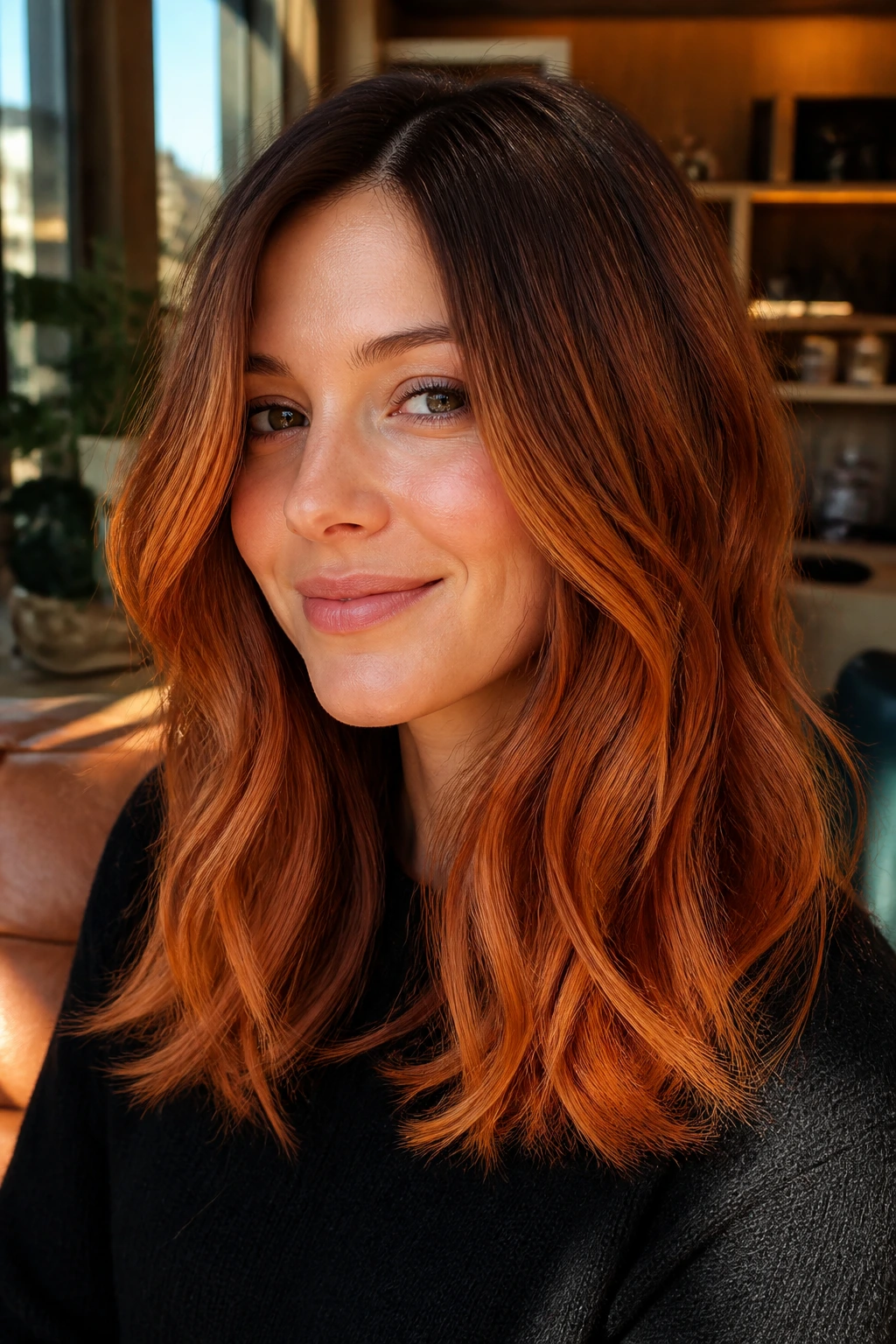 Real woman with spiced maple color melt hair gradient