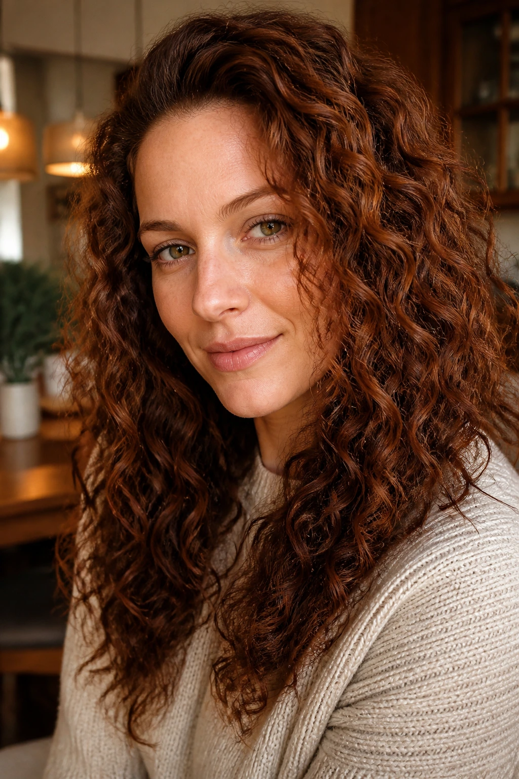 Close-up of curly hair with spiced maple lowlights on a real person