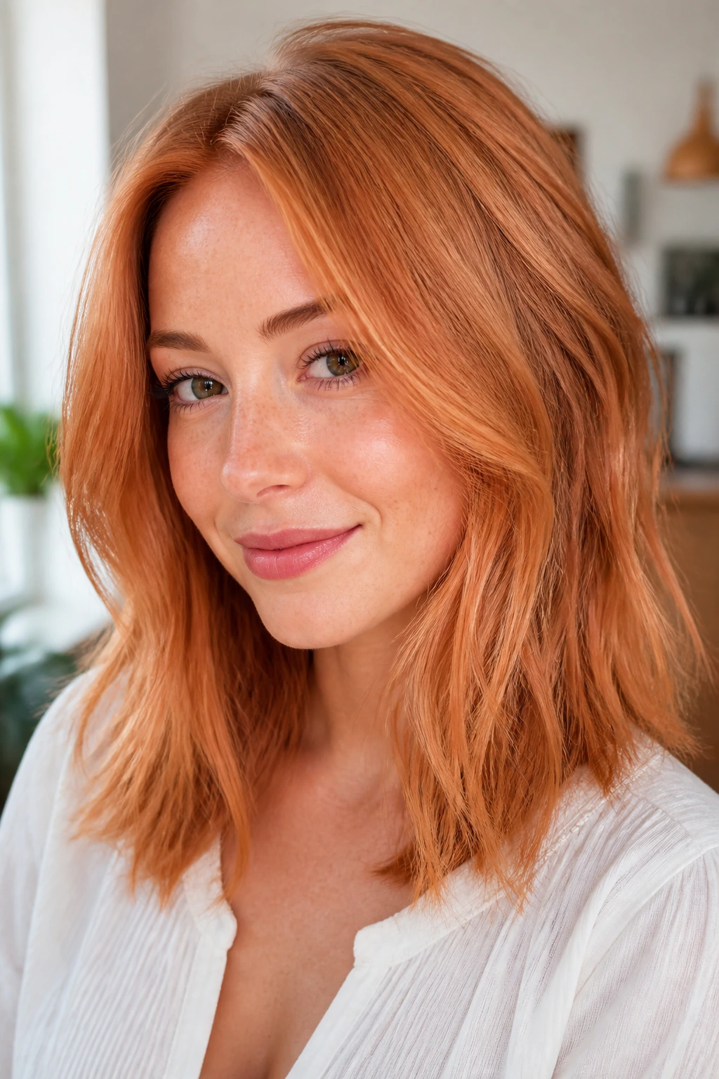Close-up of real woman with spiced peach copper hair on medium length