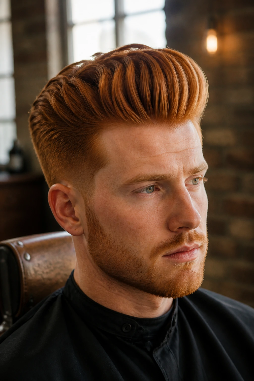 Close-up portrait of a man with a spiced pompadour in a warm barbershop setting