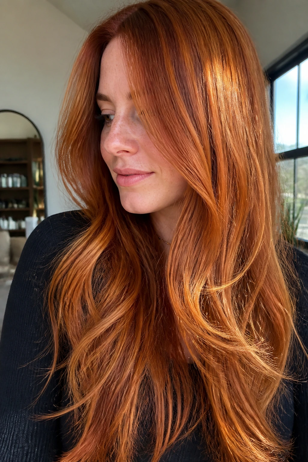 Close-up of spiced pumpkin copper hair showing warmth and depth