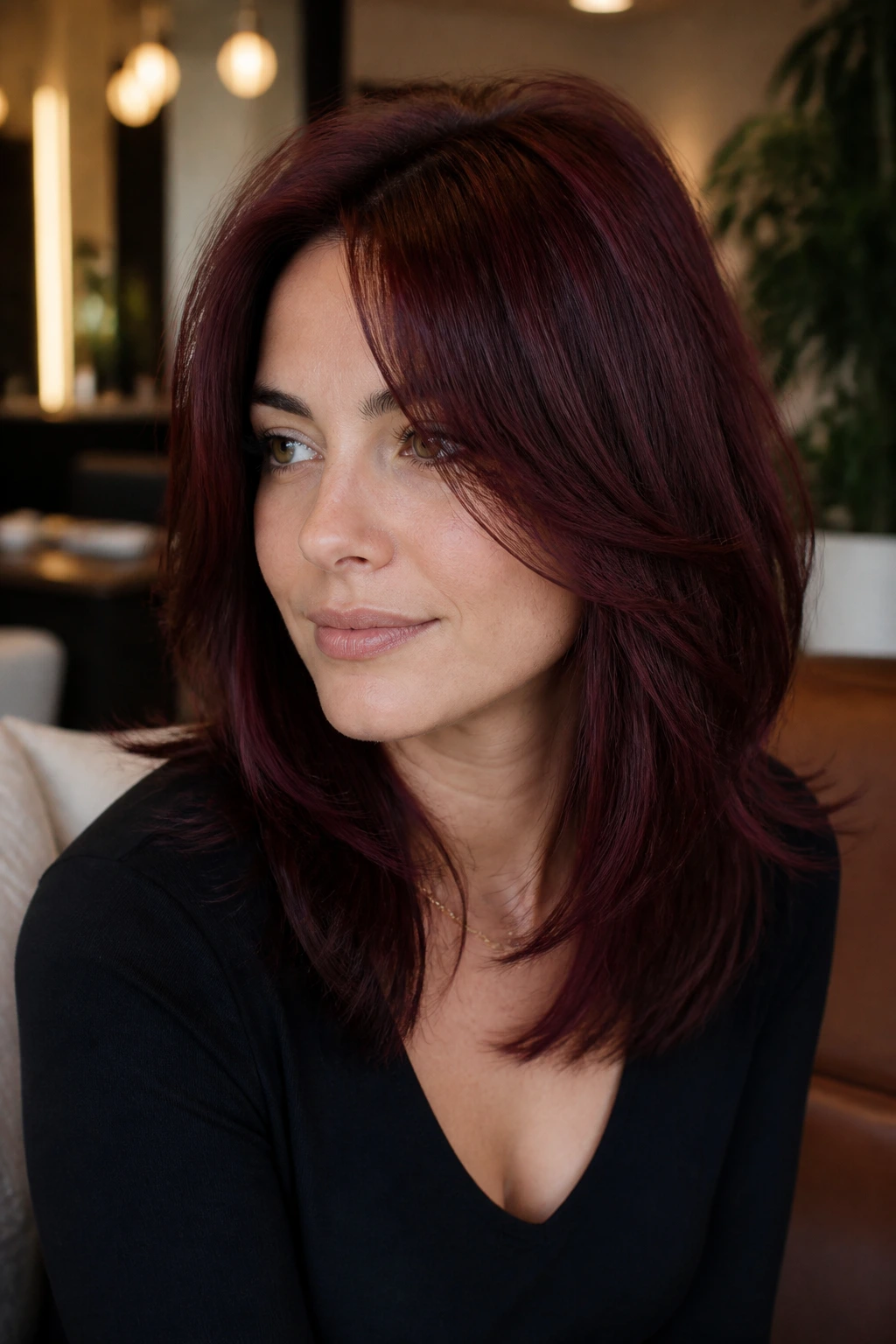 Portrait of a woman with spiced wine mid-length layered hair showing color movement.