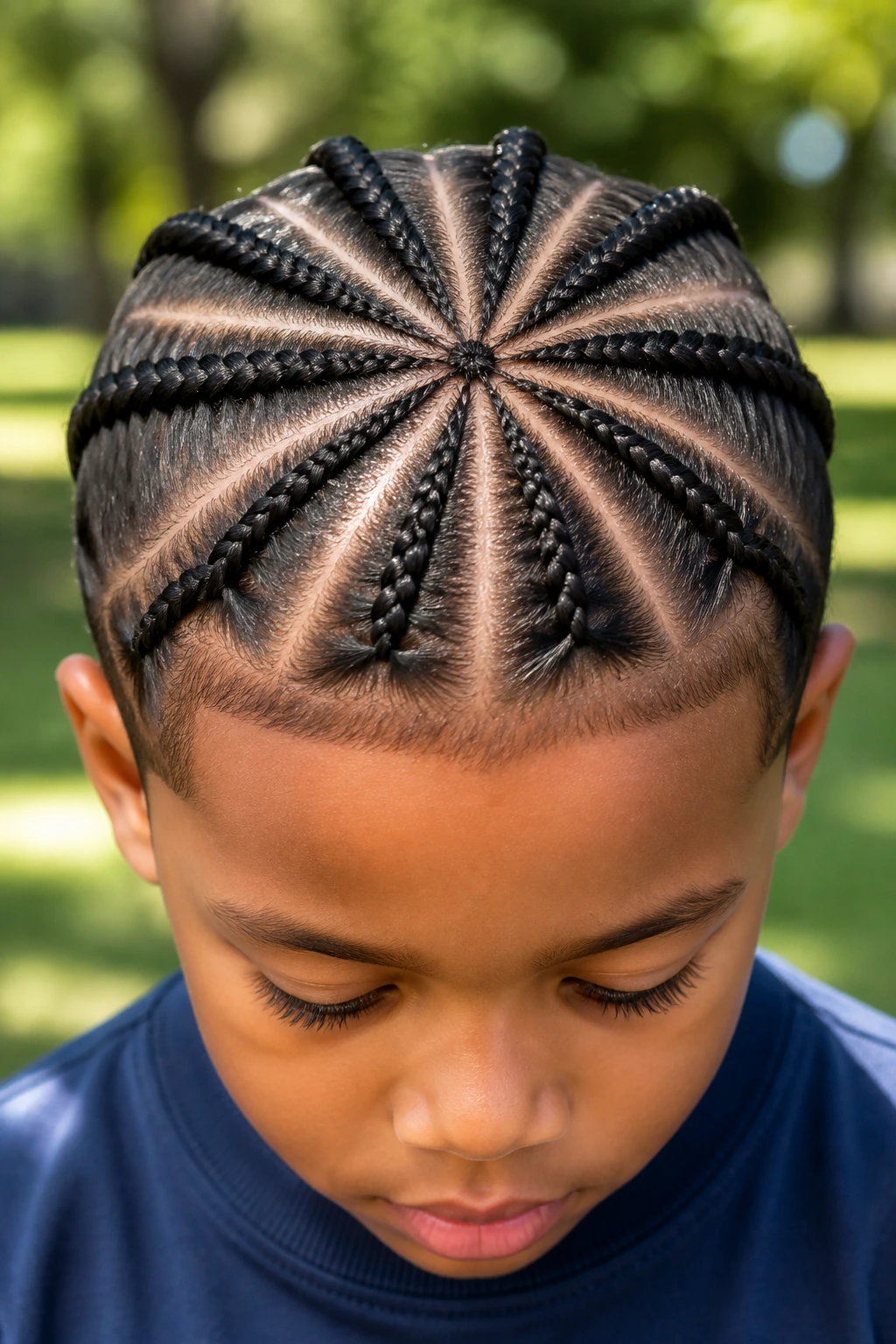 Close-up of a real boy with radiating spider braids from the crown.