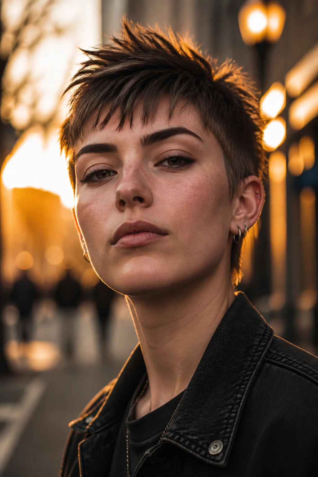 Close-up portrait of a real person with a spiked crop and piecey ends