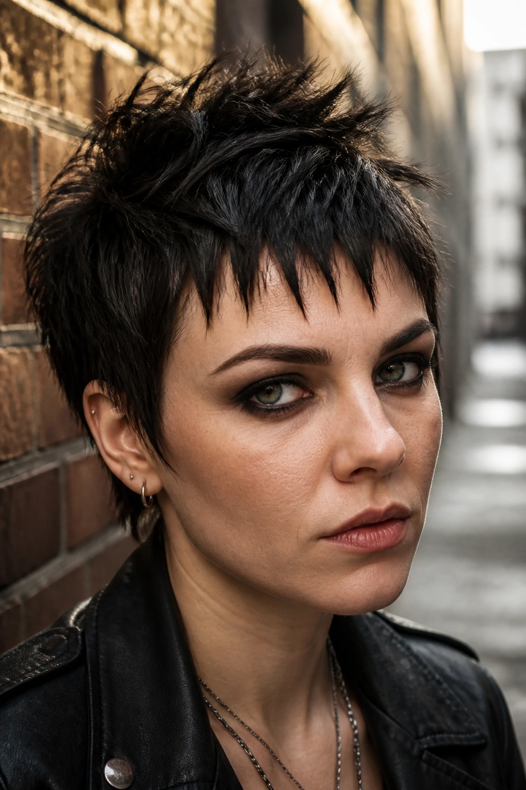 Close-up of spiky piecey bangs on a real person with textured forehead spikes