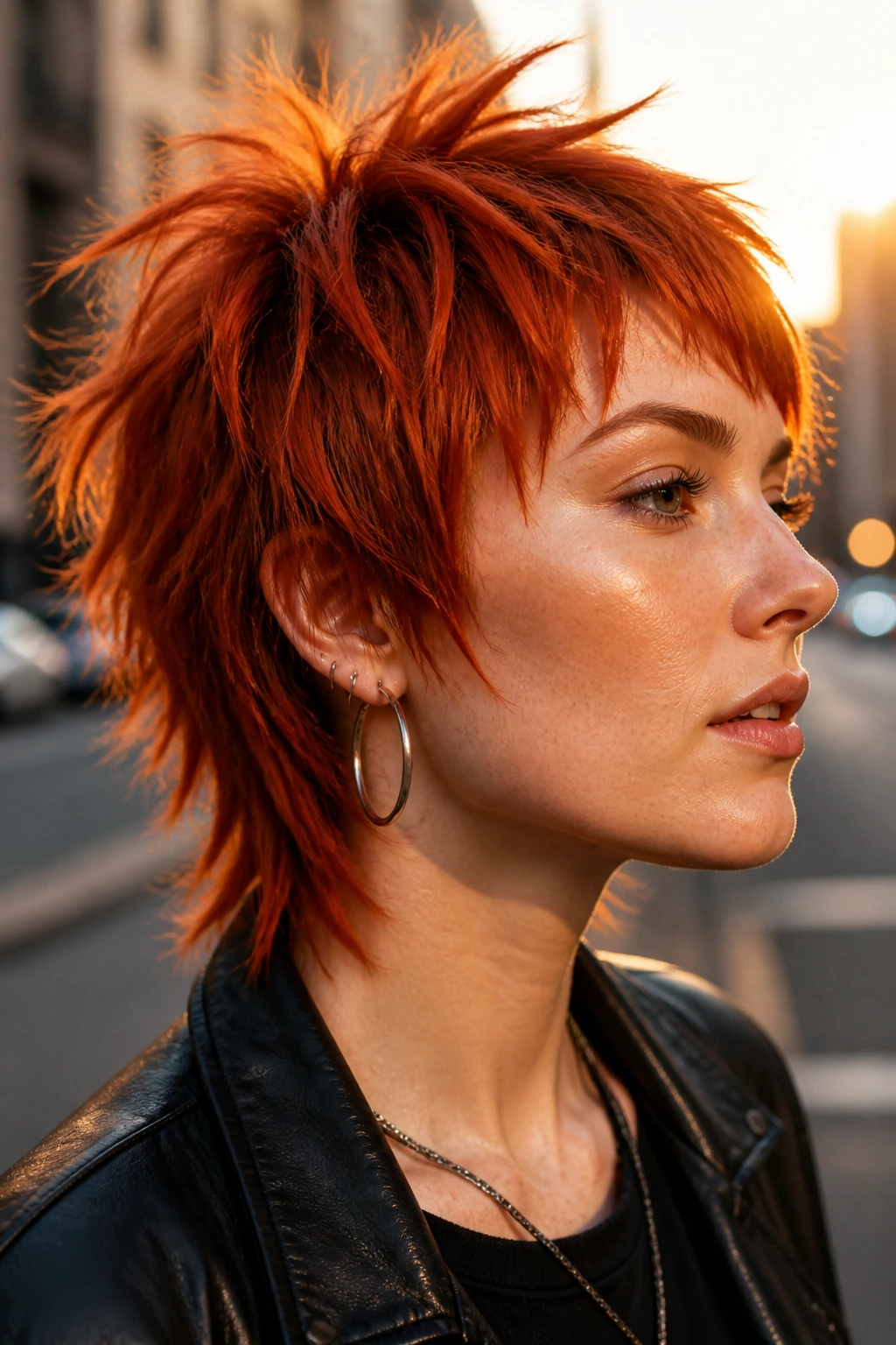 Close-up of a real person with spiky copper shag and piecey ends