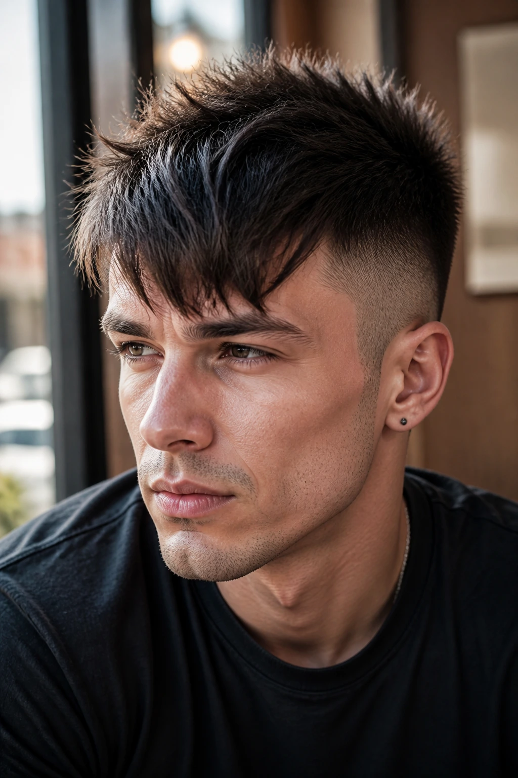 Close-up portrait of a real person with a spiky crop and longer bangs hairstyle in a cafe setting