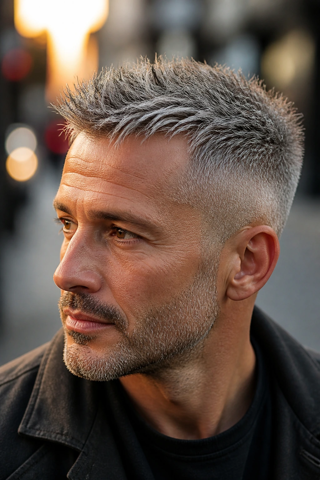 Close-up of a man with a spiky gray crop hairstyle