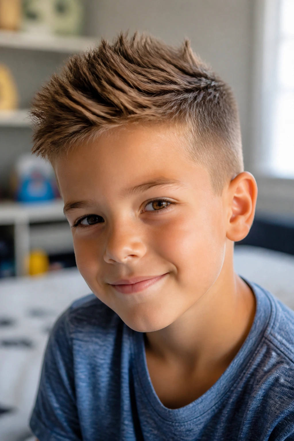 Close-up portrait of a real boy with a spiky crop in a well-lit room