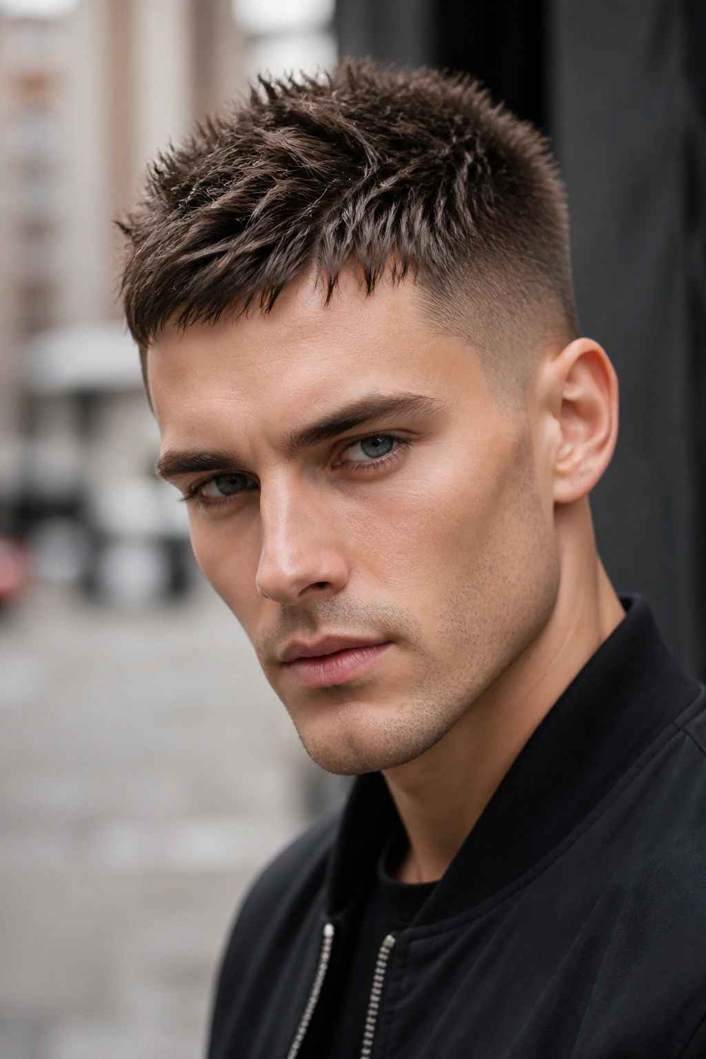 Portrait of a man with spiky crop haircut
