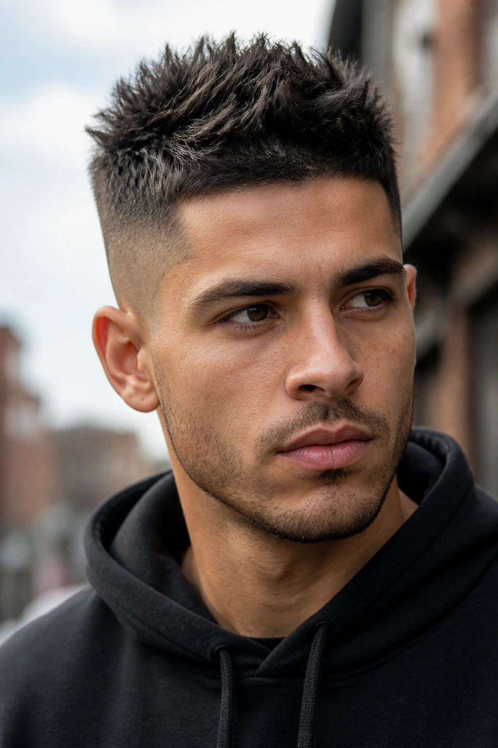 Real person with a spiky crop hairstyle in an urban setting