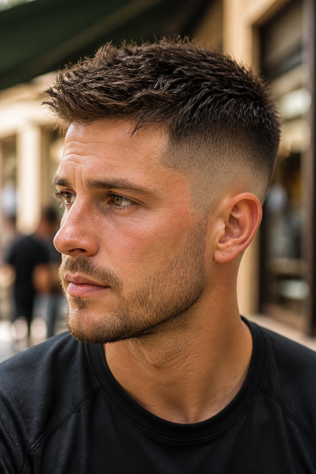 Close-up portrait of a man with a spiky crop and low fade, urban daylight.