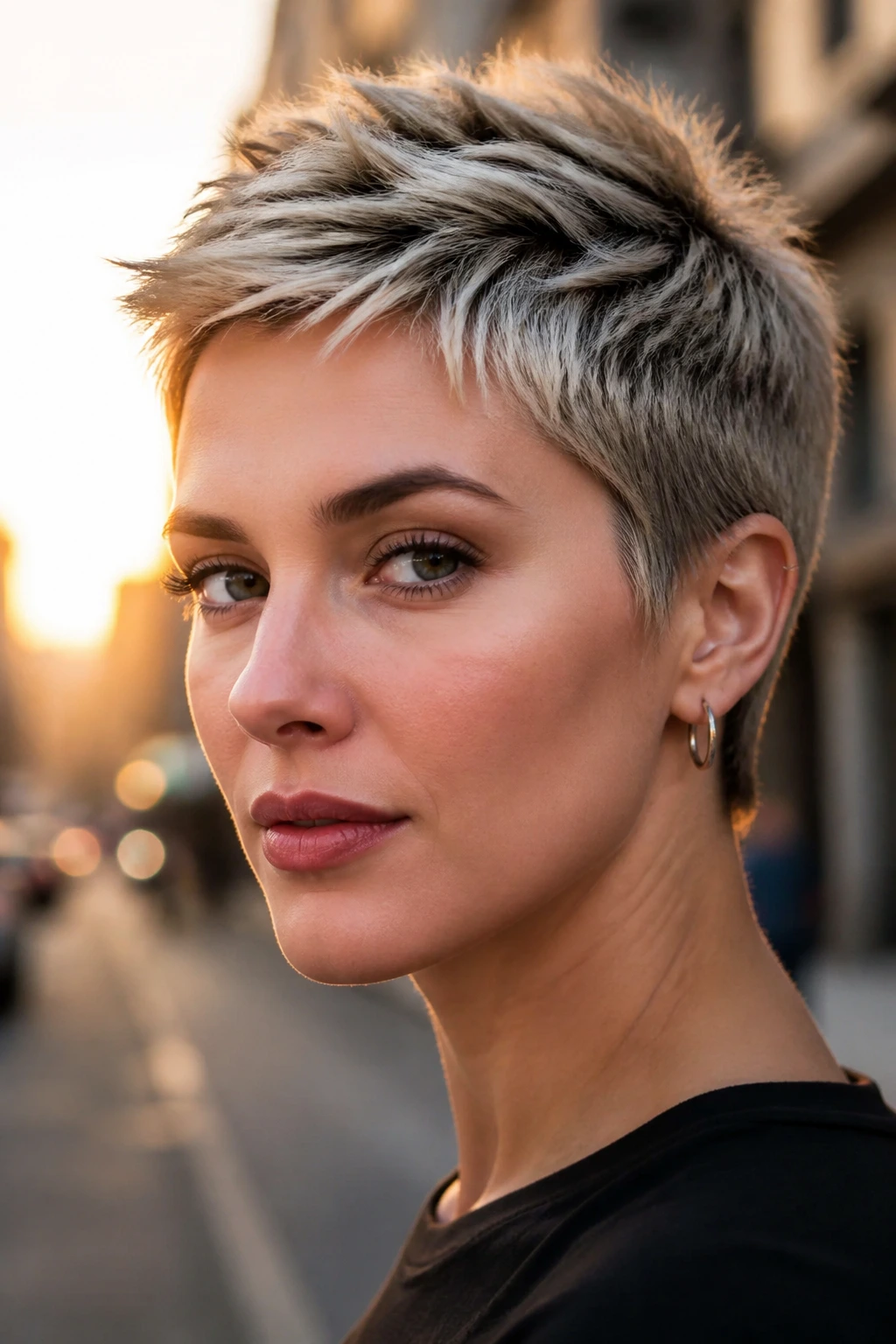 Close-up portrait of a real person with a spiky crop pixie, short textured top.