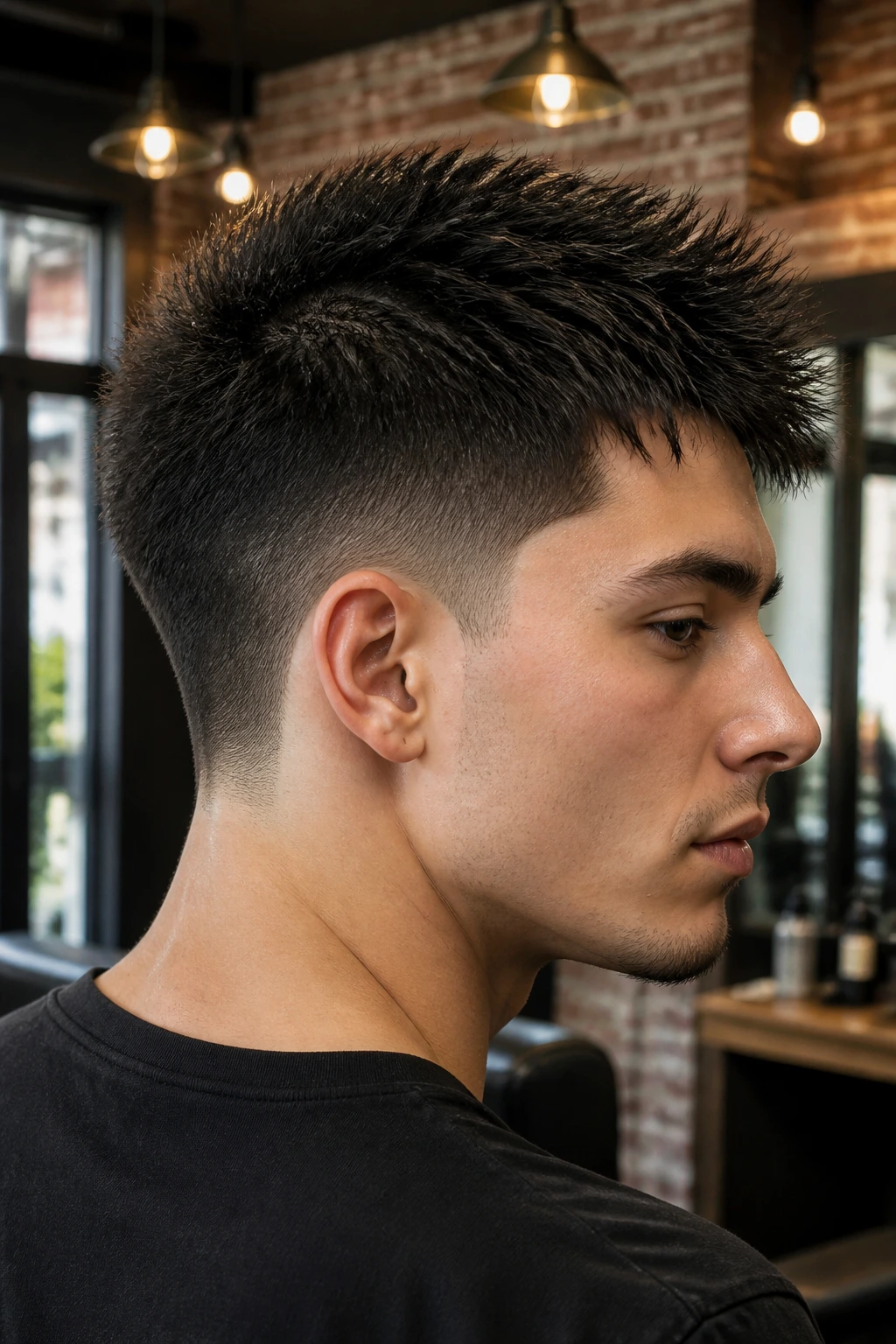 Close-up of a real person with a spiky crop and tapered nape