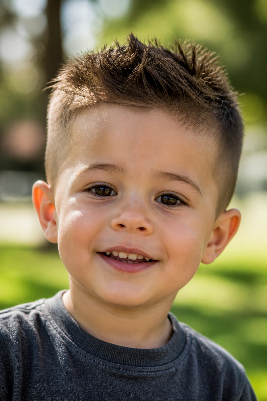 Close-up toddler head with short top styled into spikes
