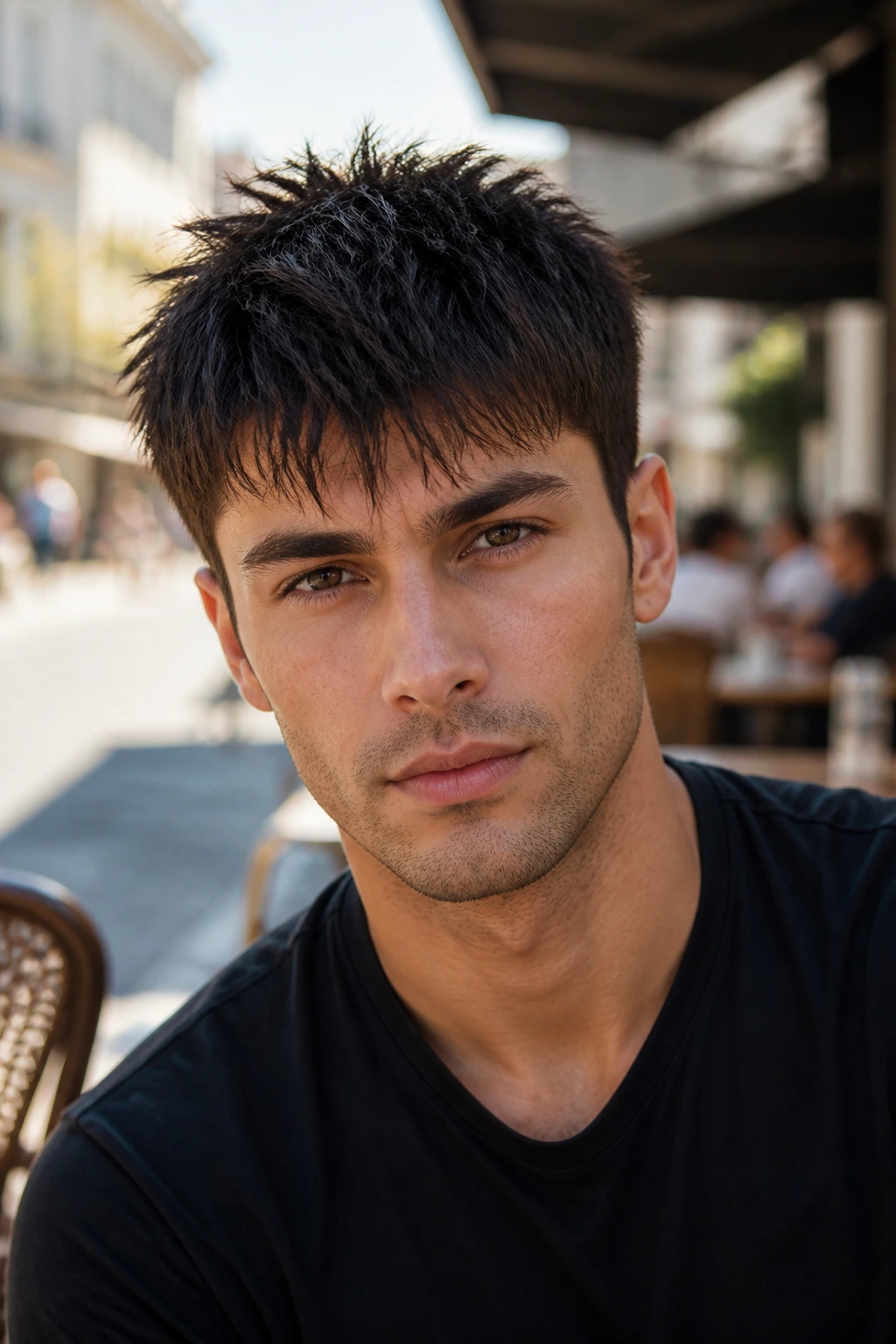 Close-up portrait of a real man with spiky fringe cut in a sunny urban cafe setting