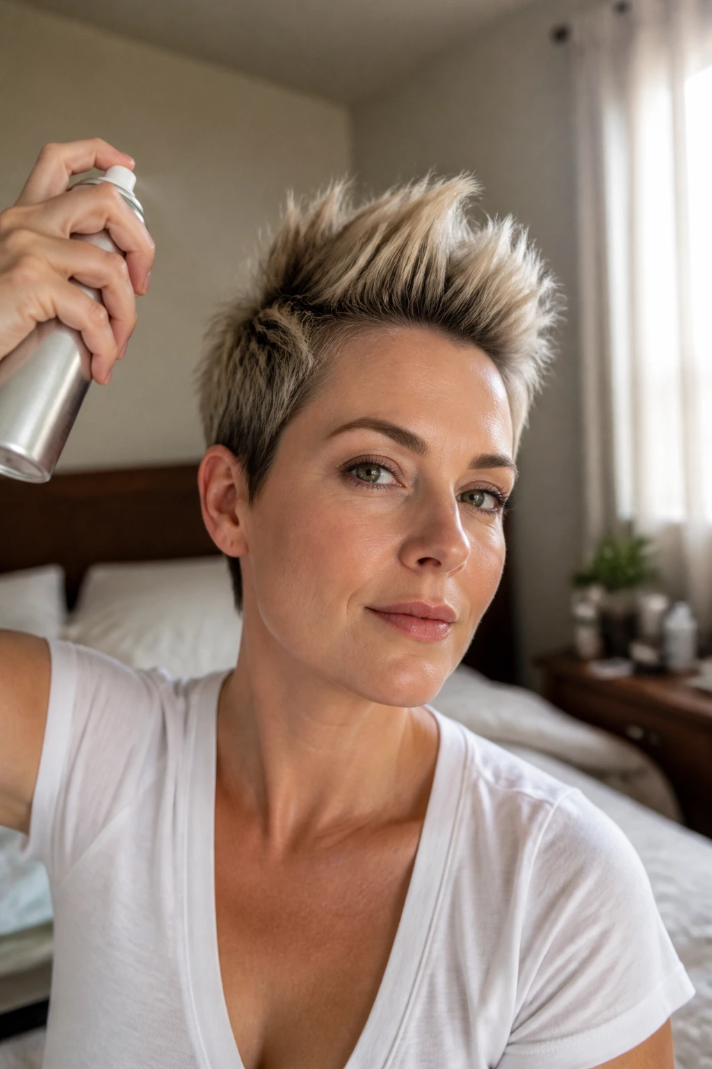 Portrait of a real woman with a spiky hairstyle in a softly lit bedroom.
