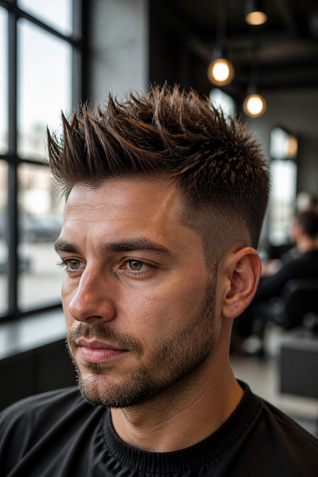 Close-up portrait of a man with textured spiky hairstyle highlighting top spikes