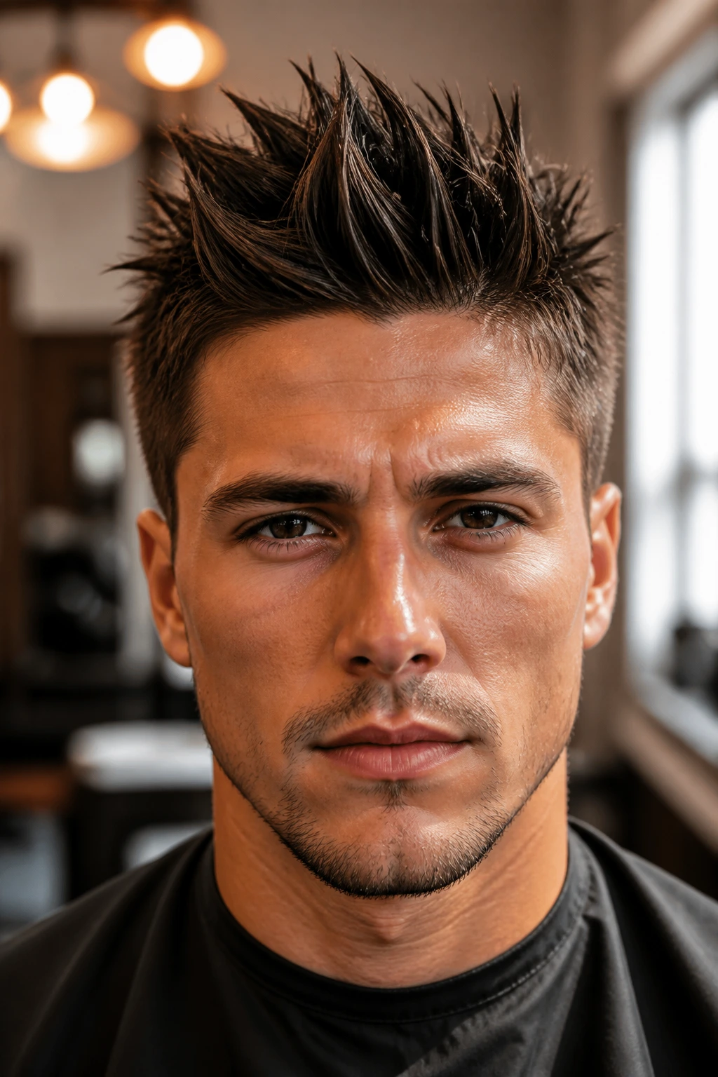 Close-up of a man with defined spikes holding shape under warm barbershop light