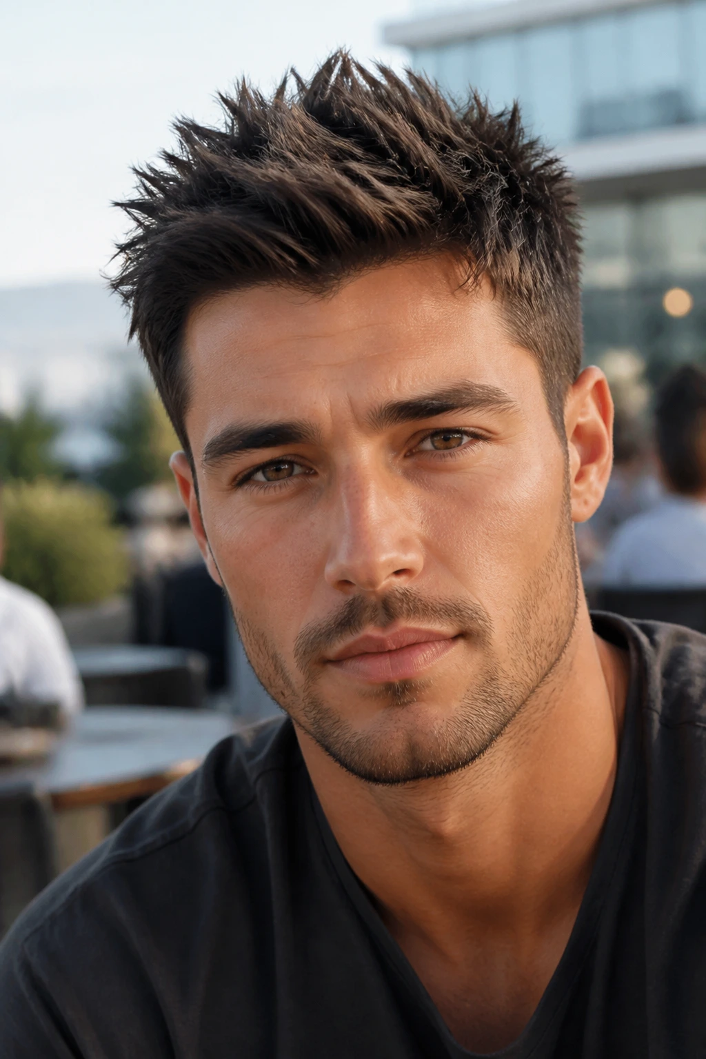 Close-up portrait of a man with short spiky hair on top, outdoors in daylight