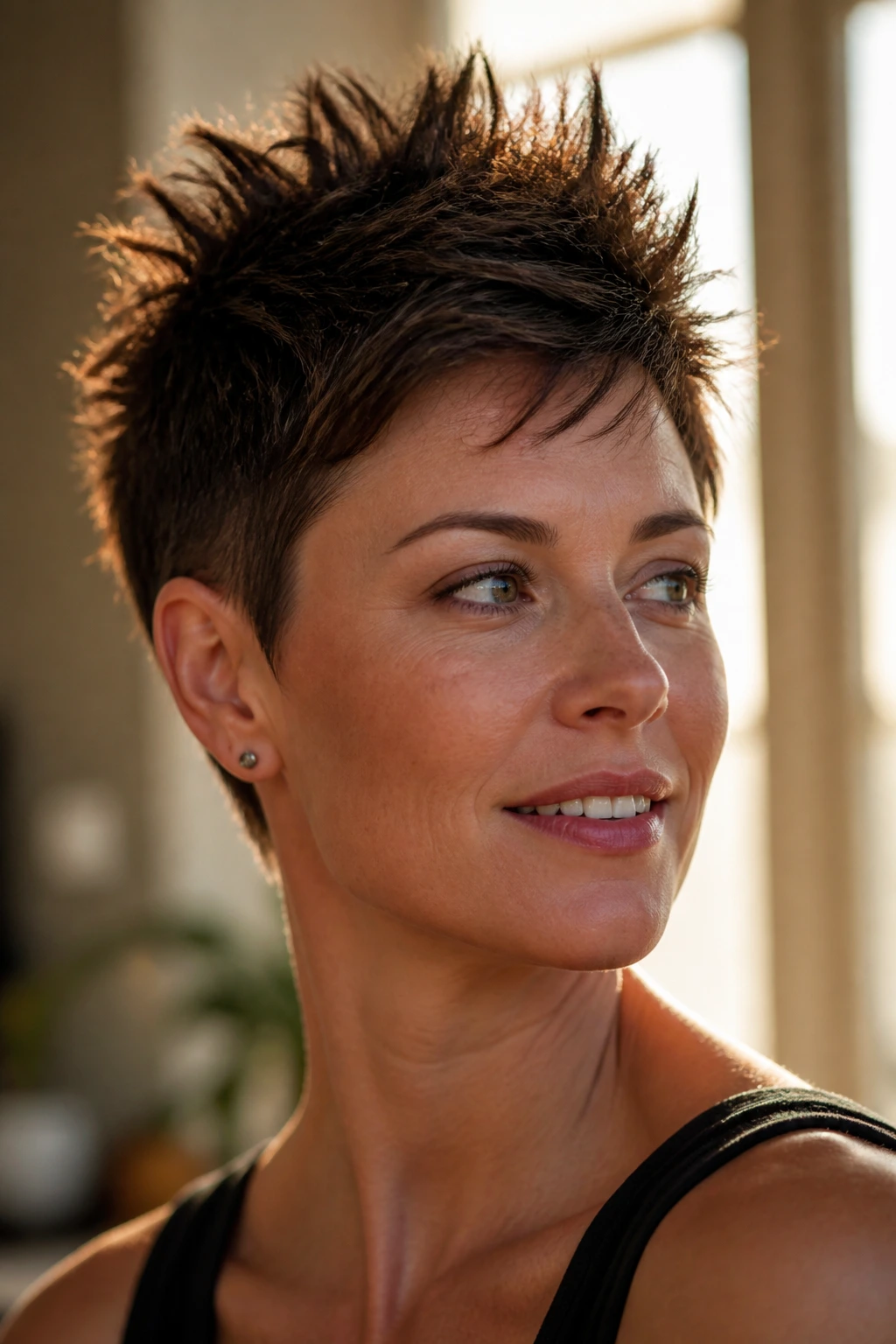 Portrait of a real woman with a sharp spiky hairstyle, front view