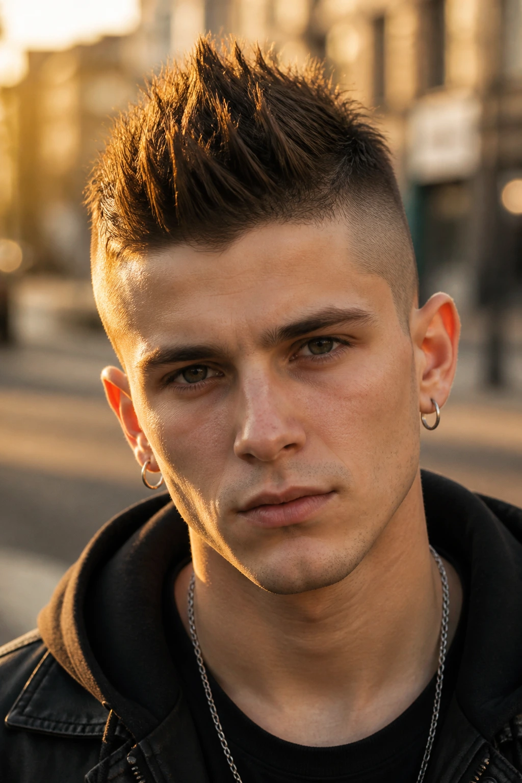 Close-up of real person with spiky texture hawk hairstyle