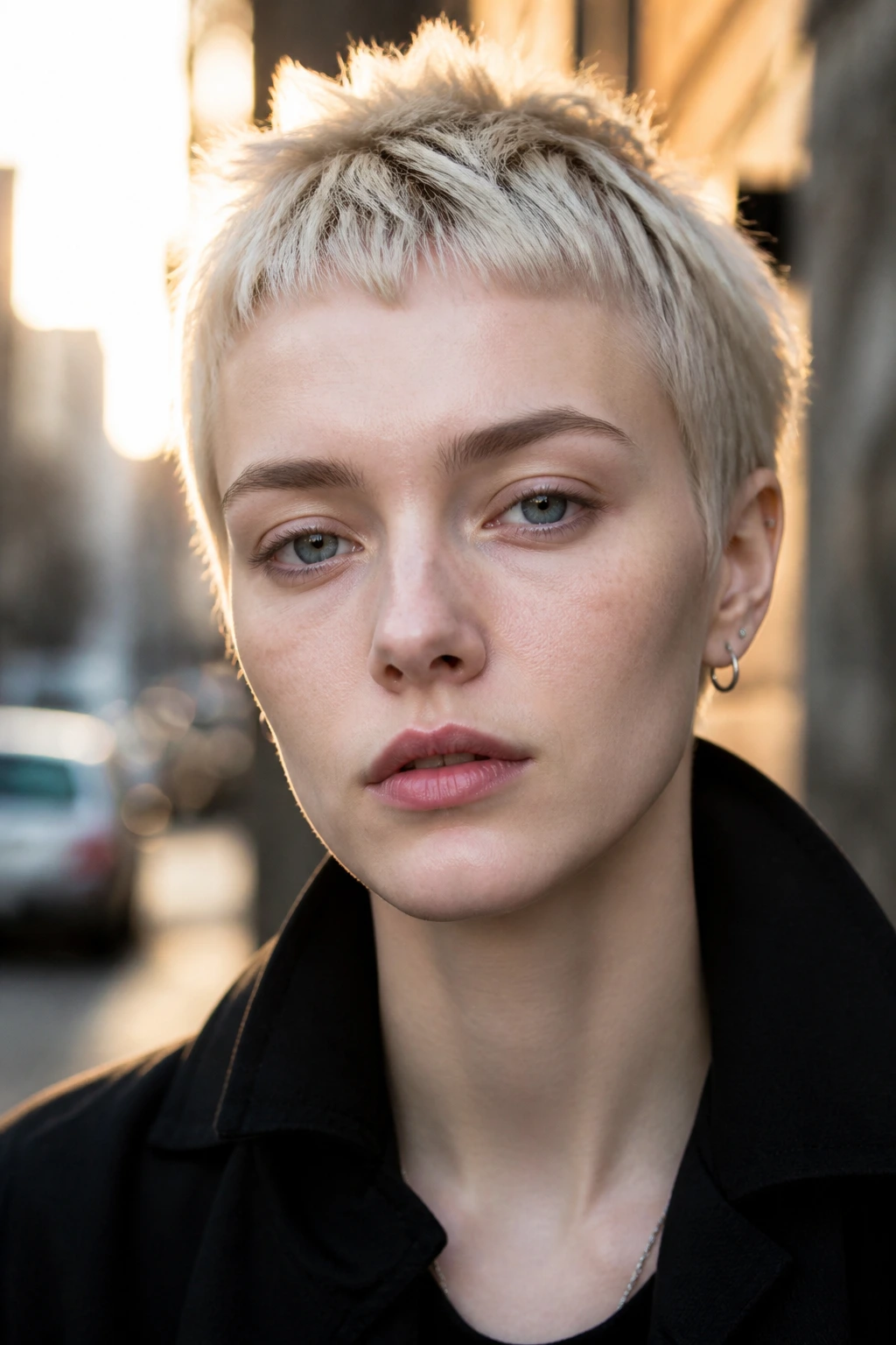 Close-up of a real person with spiky micro fringe on pale skin during golden hour on an urban street