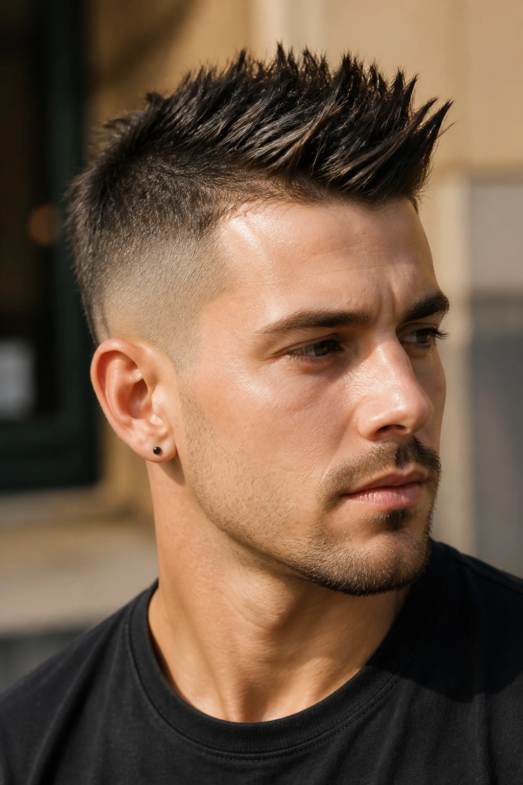 Close-up of a real man with a short spiky mohawk in warm barbershop light
