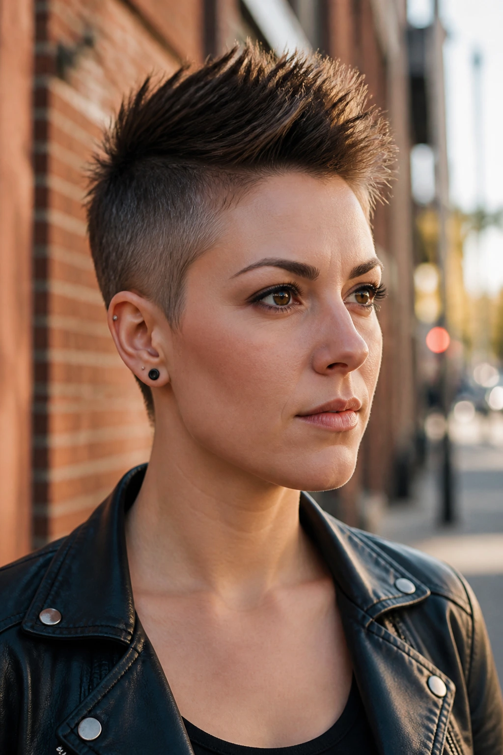 Close-up portrait of a real woman with a short spiky mohawk in an urban setting