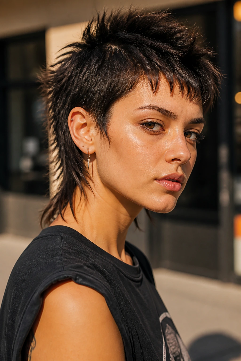 Close-up portrait of a real woman with a spiky mullet hairstyle