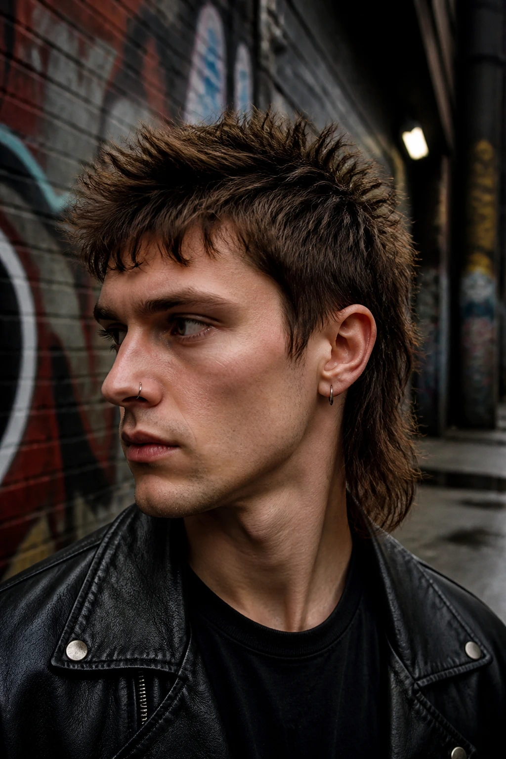 Real person with spiky crown mullet in graffiti alley backdrop.