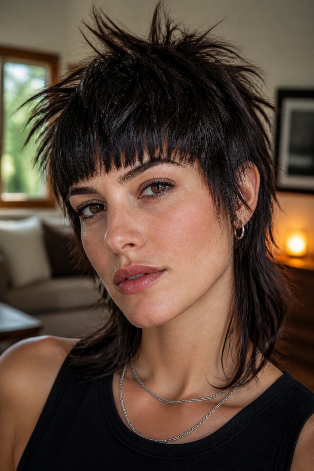 Close-up of a real person with a spiky crop mullet and heavy fringe, natural window light.