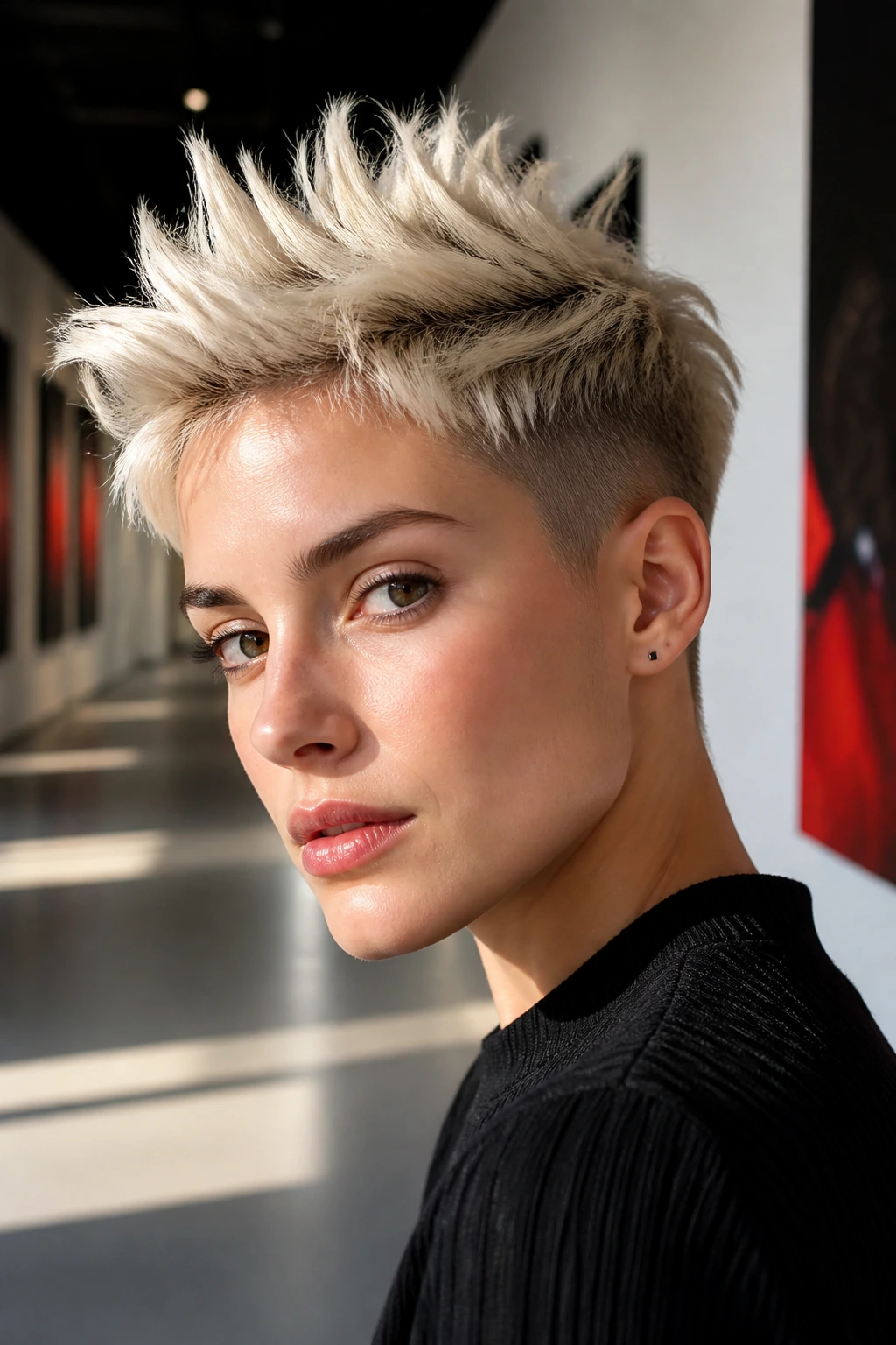 Close-up portrait of a real person with spiky piecey undercut pixie